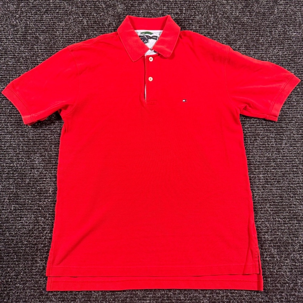 Tommy Hilfiger Mens Red Short Sleeve Pique Polo Shirt Medium Classic Fit Logo